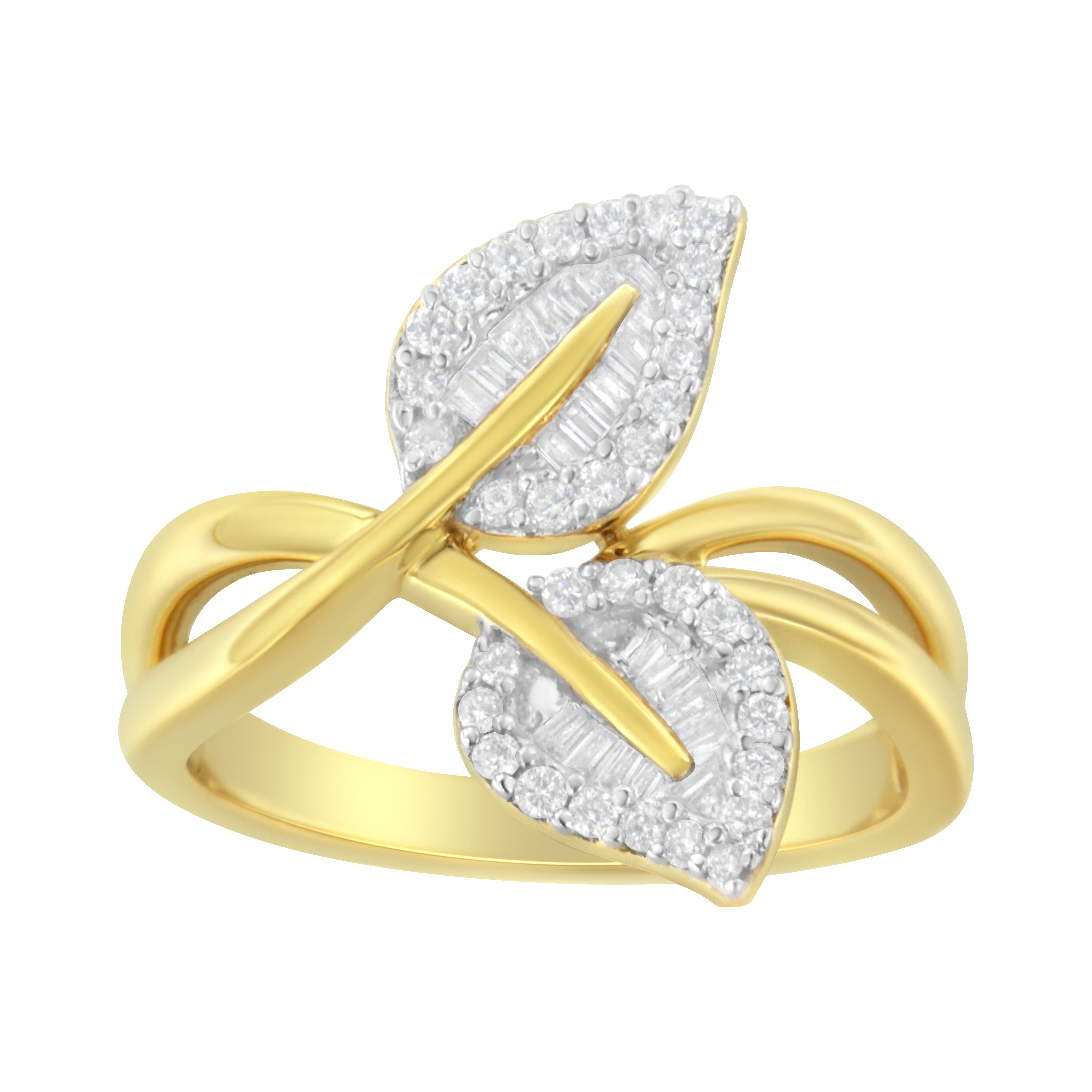 10K Yellow Gold 3/8 Carat Round and Baguette-Cut Diamond Leaf Cocktail Ring