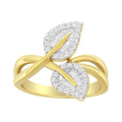 10K Yellow Gold 3/8 Carat Round and Baguette-Cut Diamond Leaf Cocktail Ring