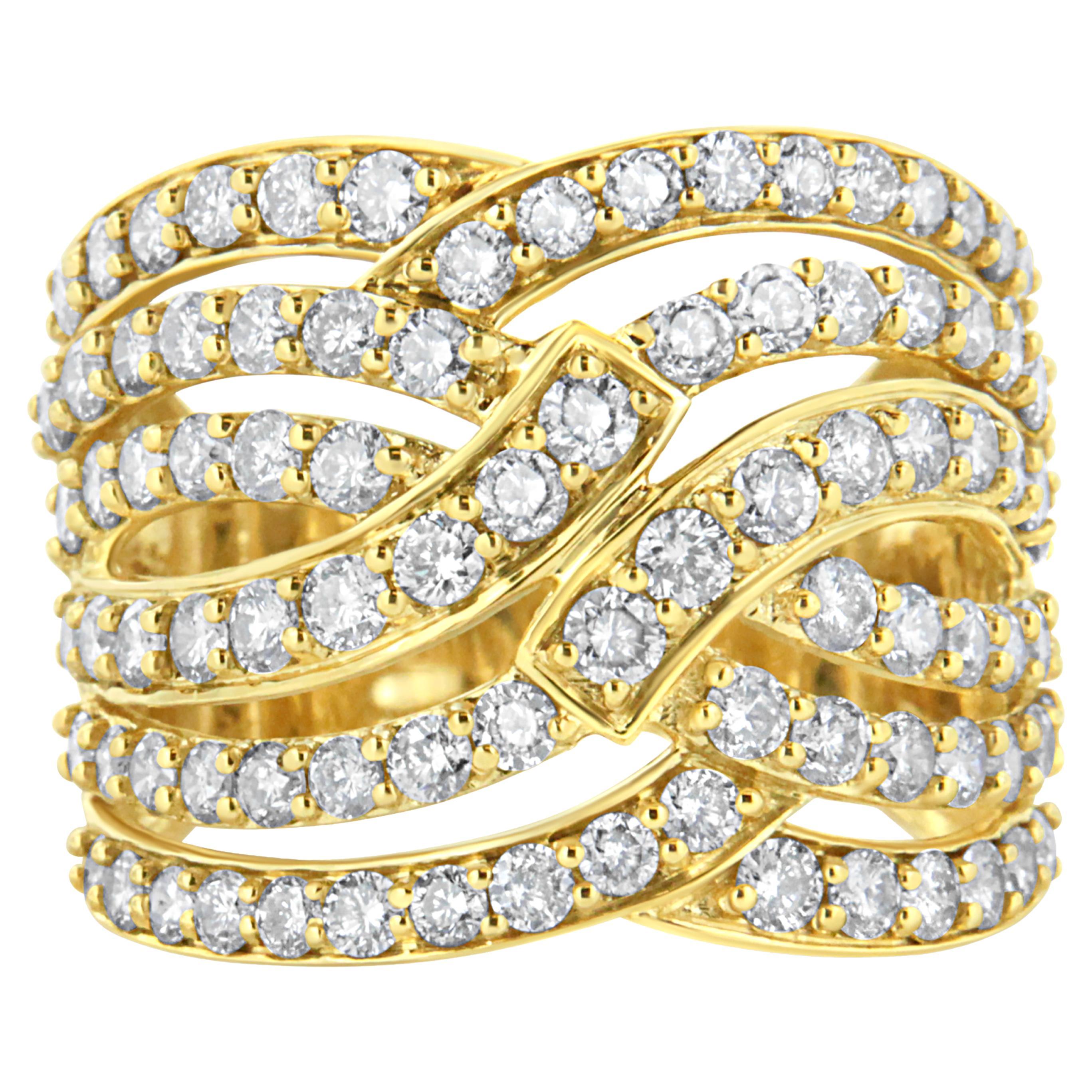 10K Yellow Gold 3.00 Cttw Diamond Multi Row Bypass Wave Cocktail Band Ring