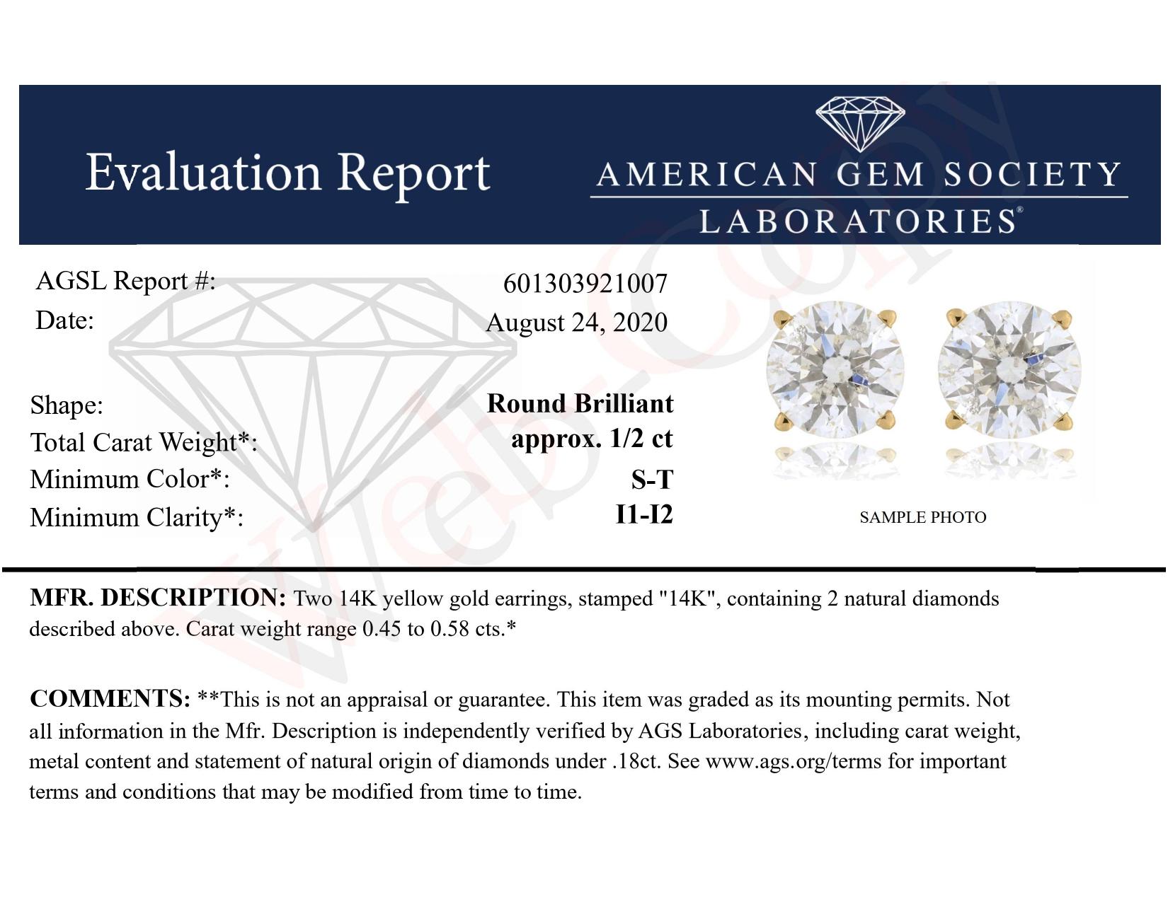AGS Certified 14K Yellow Gold 1/2 cttw Solitaire Diamond Push Back Stud Earrings In New Condition For Sale In New York, NY