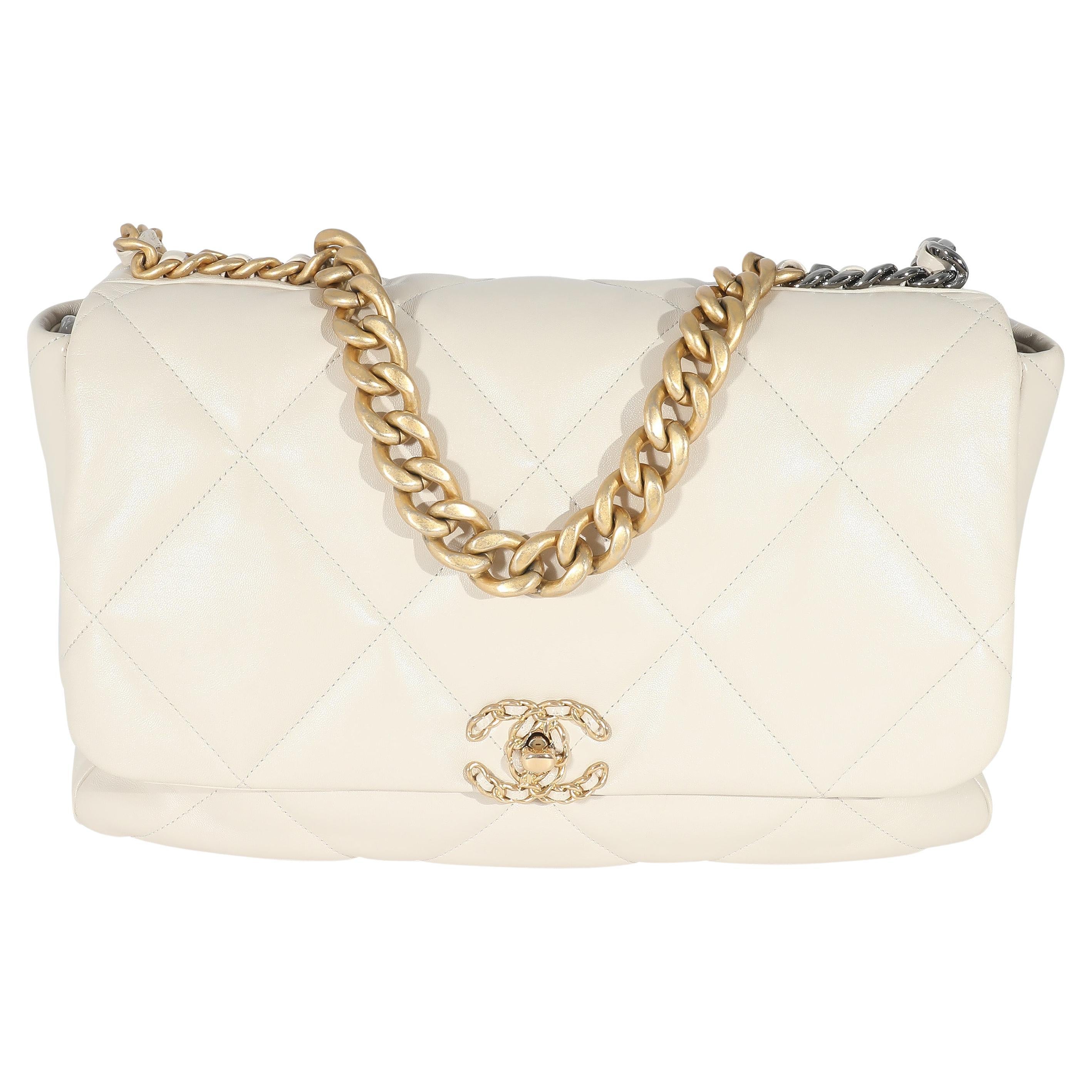 Chanel Ivory Shiny Quilted Lambskin Maxi Chanel 19 Flap Bag For Sale