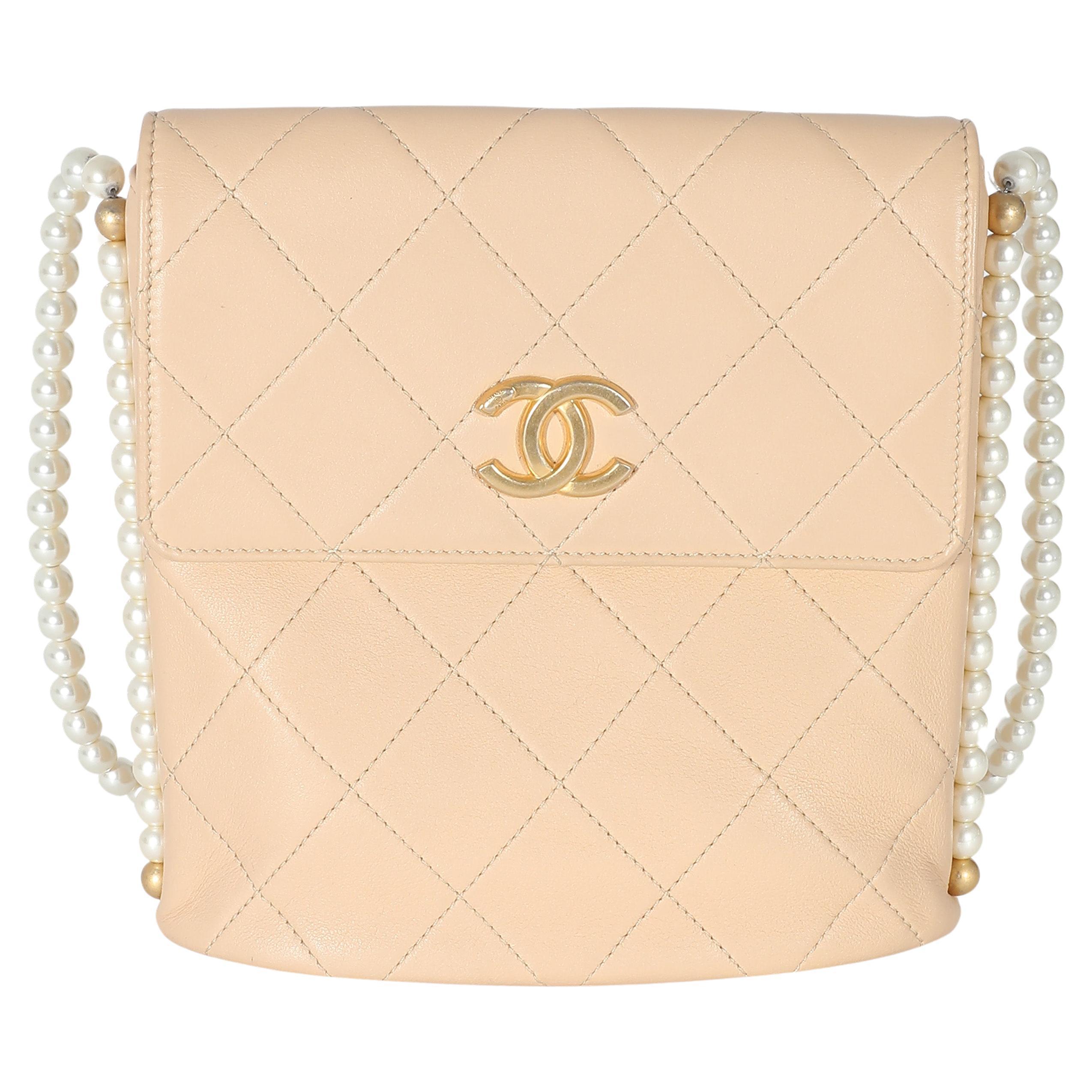 Chanel Beige Quilted Calfskin Small Pearl Chain Hobo For Sale