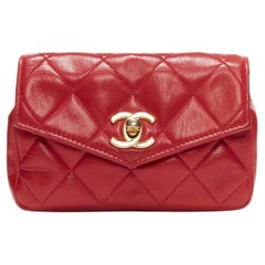 CHANEL Vintage red lambskin matelasse CC turnlock belt bag pouch