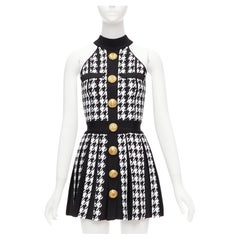 BALMAIN 2023 black white houndstooth gold lion button halter mini dress FR34 XS