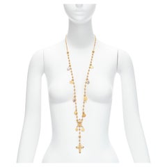 rare DOLCE GABBANA gold tone Jesus cross Saints coin charm long rosary necklace