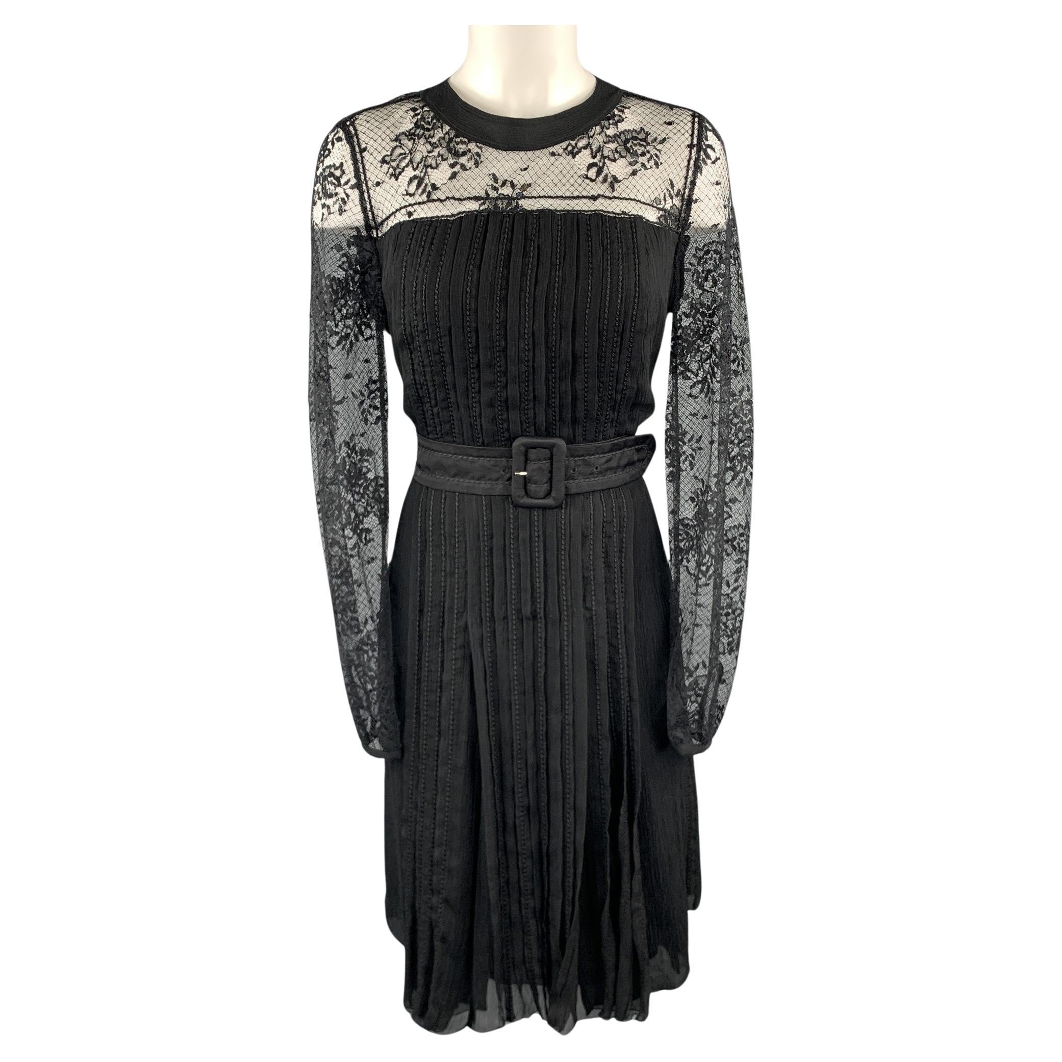 PRADA Size 10 Black Pleated Silk Lace Top Long Sleeve Cocktail Dress For Sale