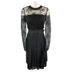 PRADA Size 10 Black Pleated Silk Lace Top Long Sleeve Cocktail Dress