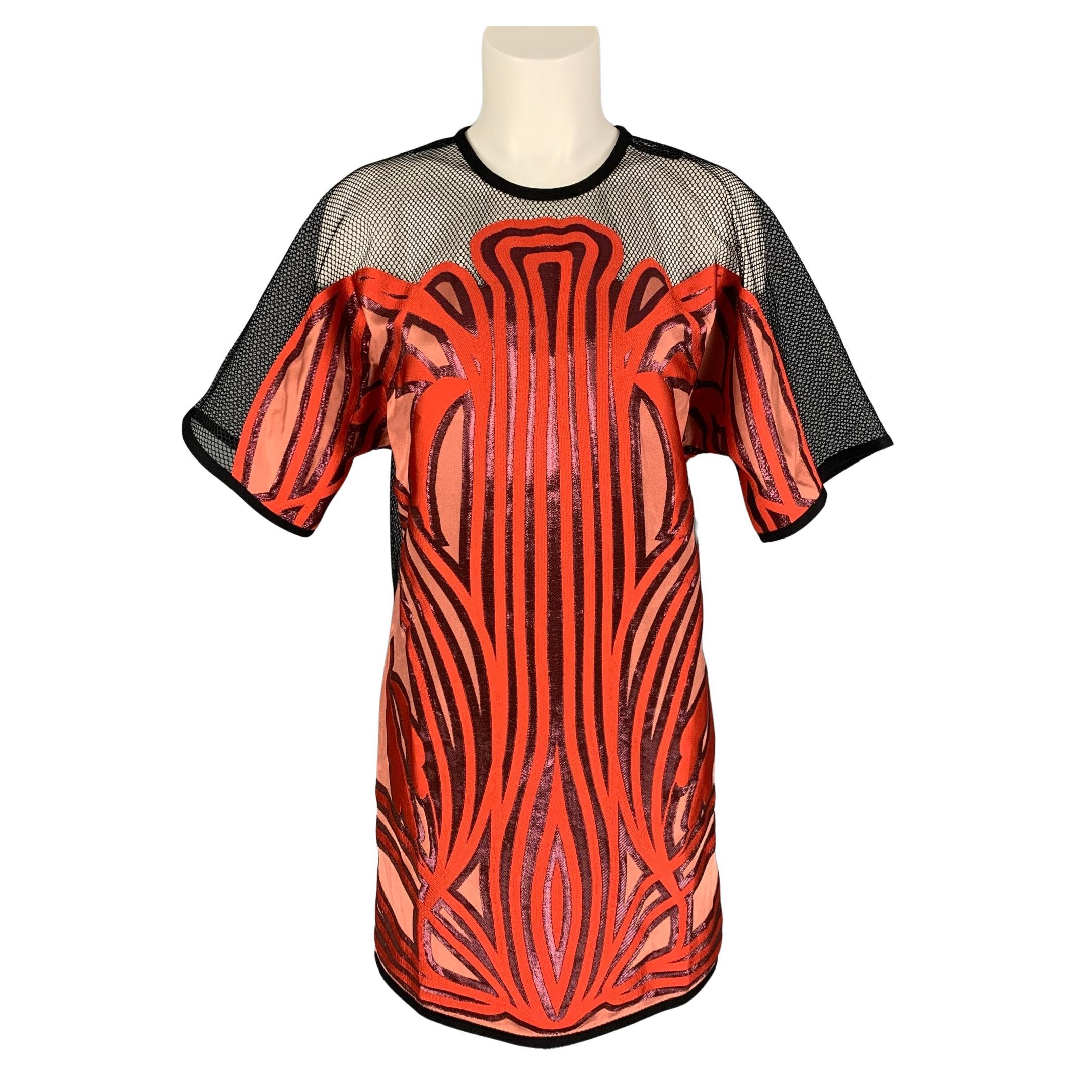 GUCCI 2014 Talla 4 Negro Naranja Mezcla de Seda Aplique Vestido Manga Corta Top