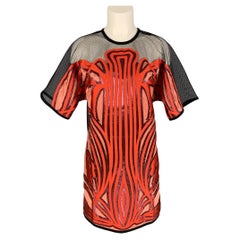 GUCCI 2014 Talla 4 Negro Naranja Mezcla de Seda Aplique Vestido Manga Corta Top