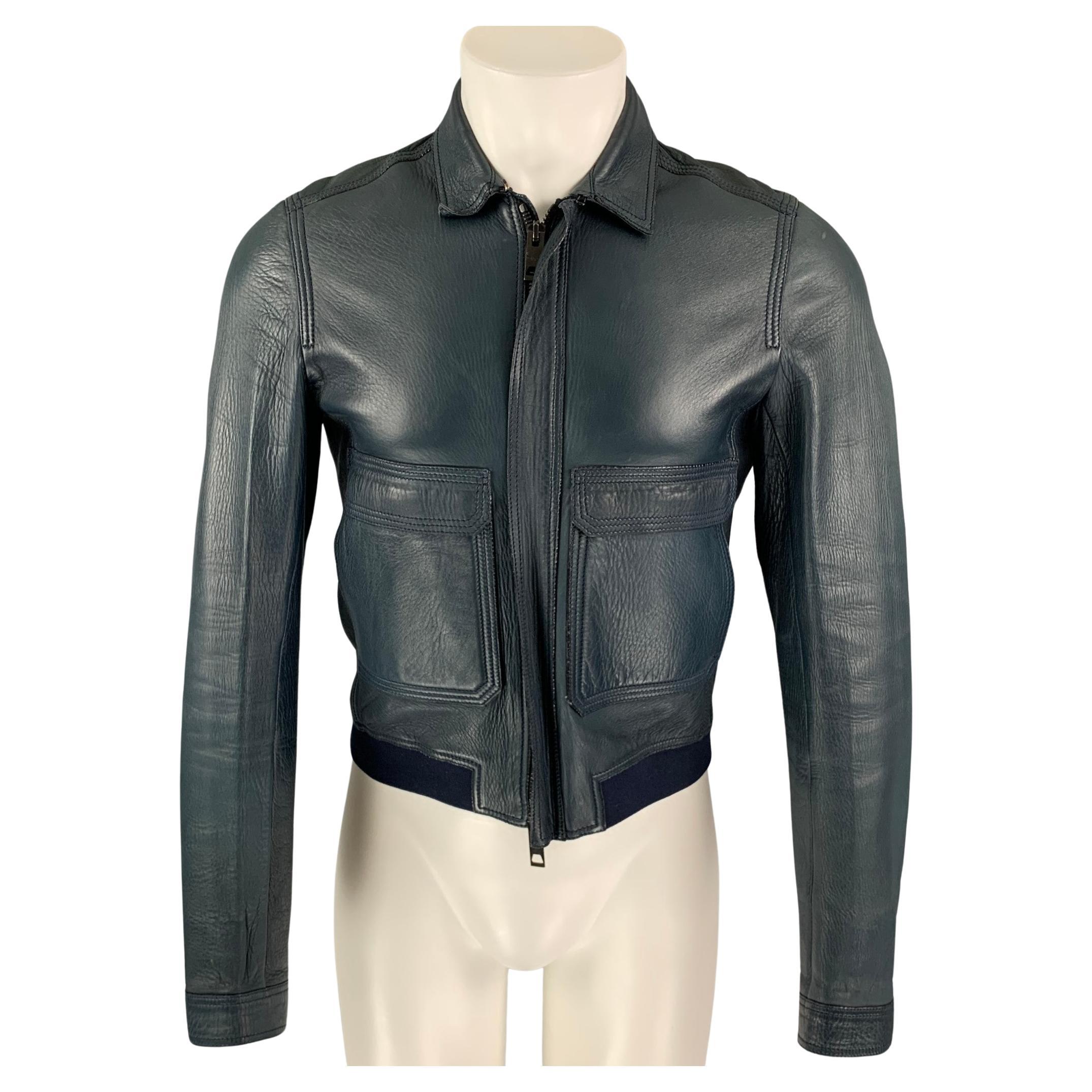 BURBERRY PRORSUM Size S Blue Navy Bonded Leather Blouson Jacket For Sale