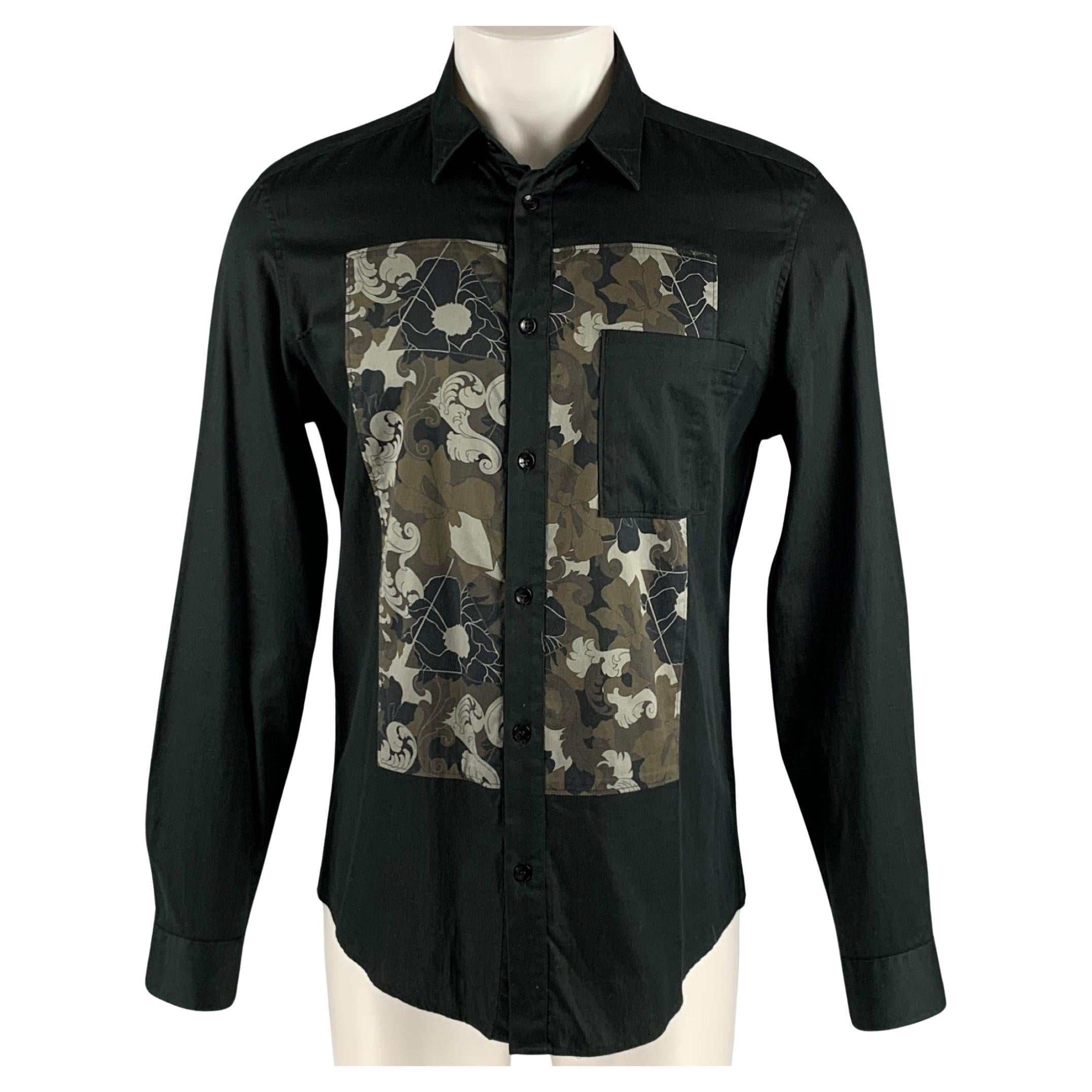 VERSACE COLLECTION Size M Black Brown Abstract Floral Long Sleeve Shirt For Sale