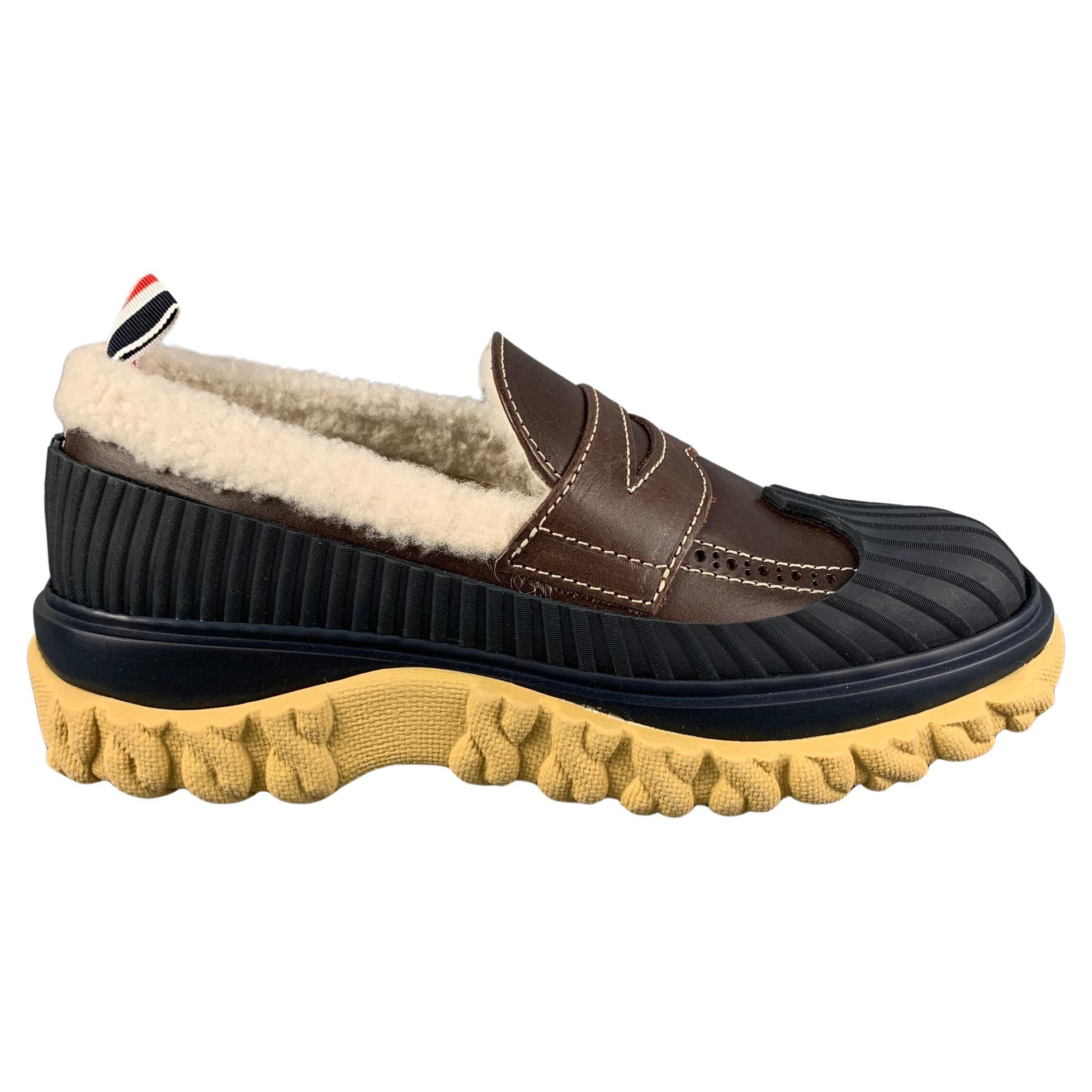 THOM BROWNE Size 7.5 Navy Cream Brown Leather Shearling Loafer Duck Shoe
