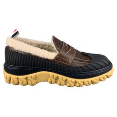 THOM BROWNE Size 7.5 Navy Cream Brown Leather Shearling Loafer Duck Shoe