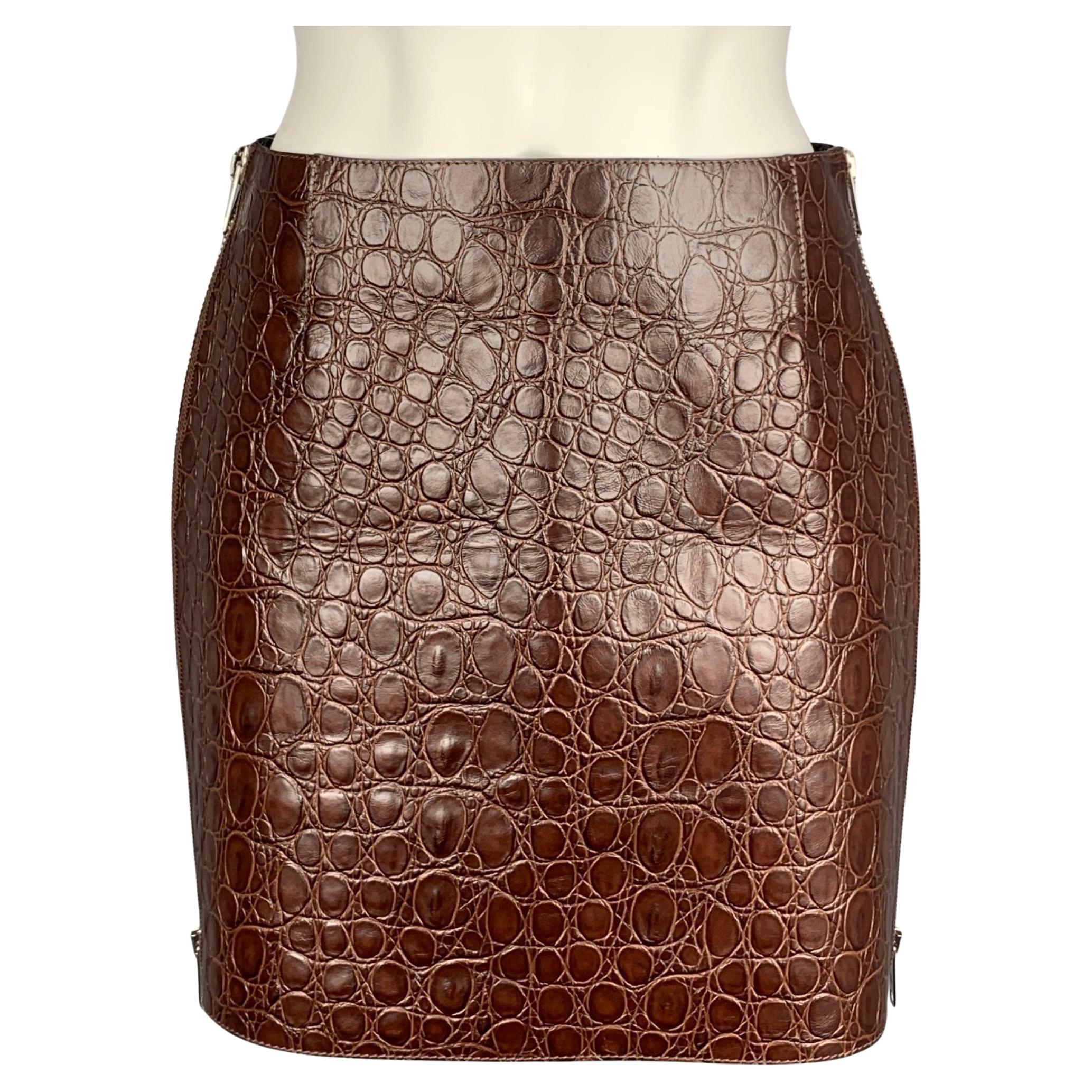 GIVENCHY SS 2021 Size 4 Brown Crocodile Effect Vintage Leather Mini Skirt