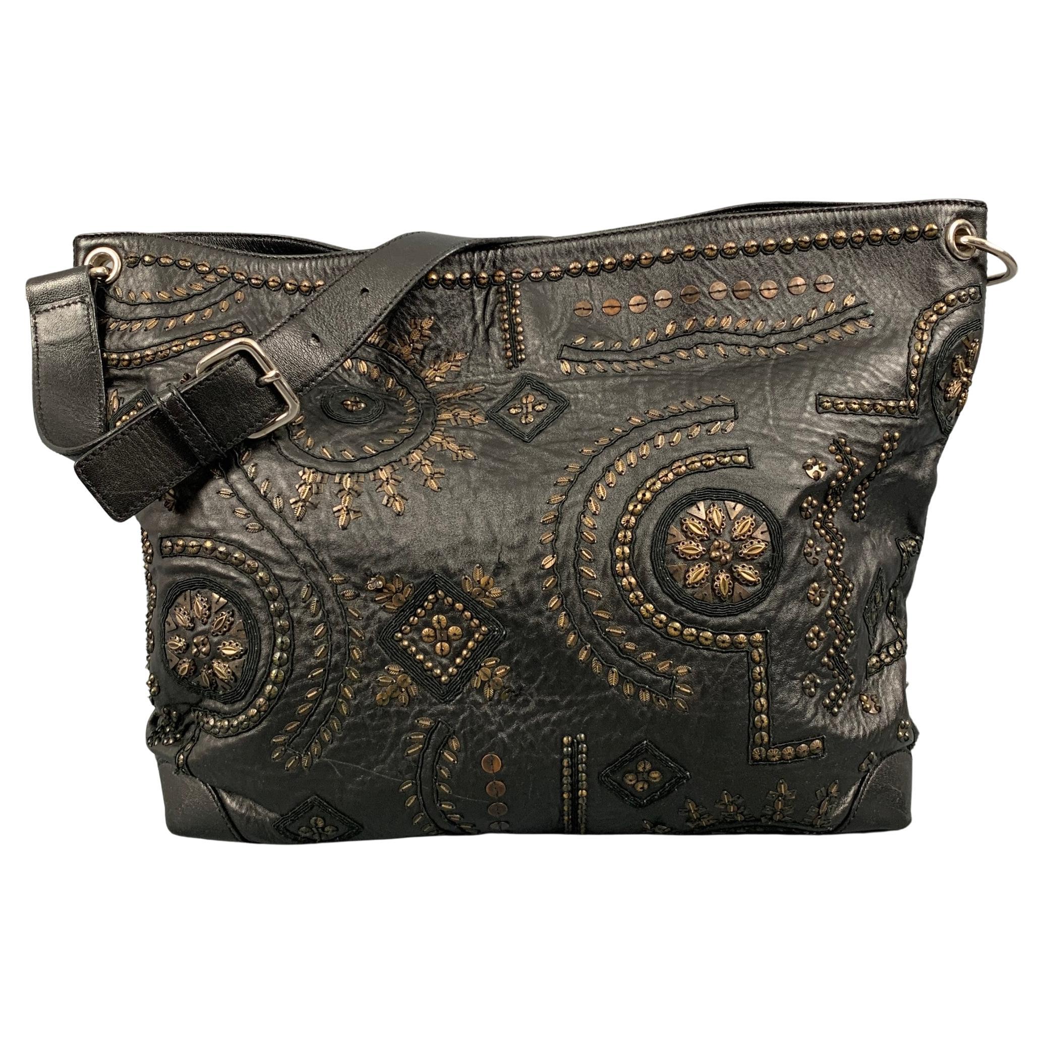 OSCAR DE LA RENTA Black Gold Studded Leather Handbag