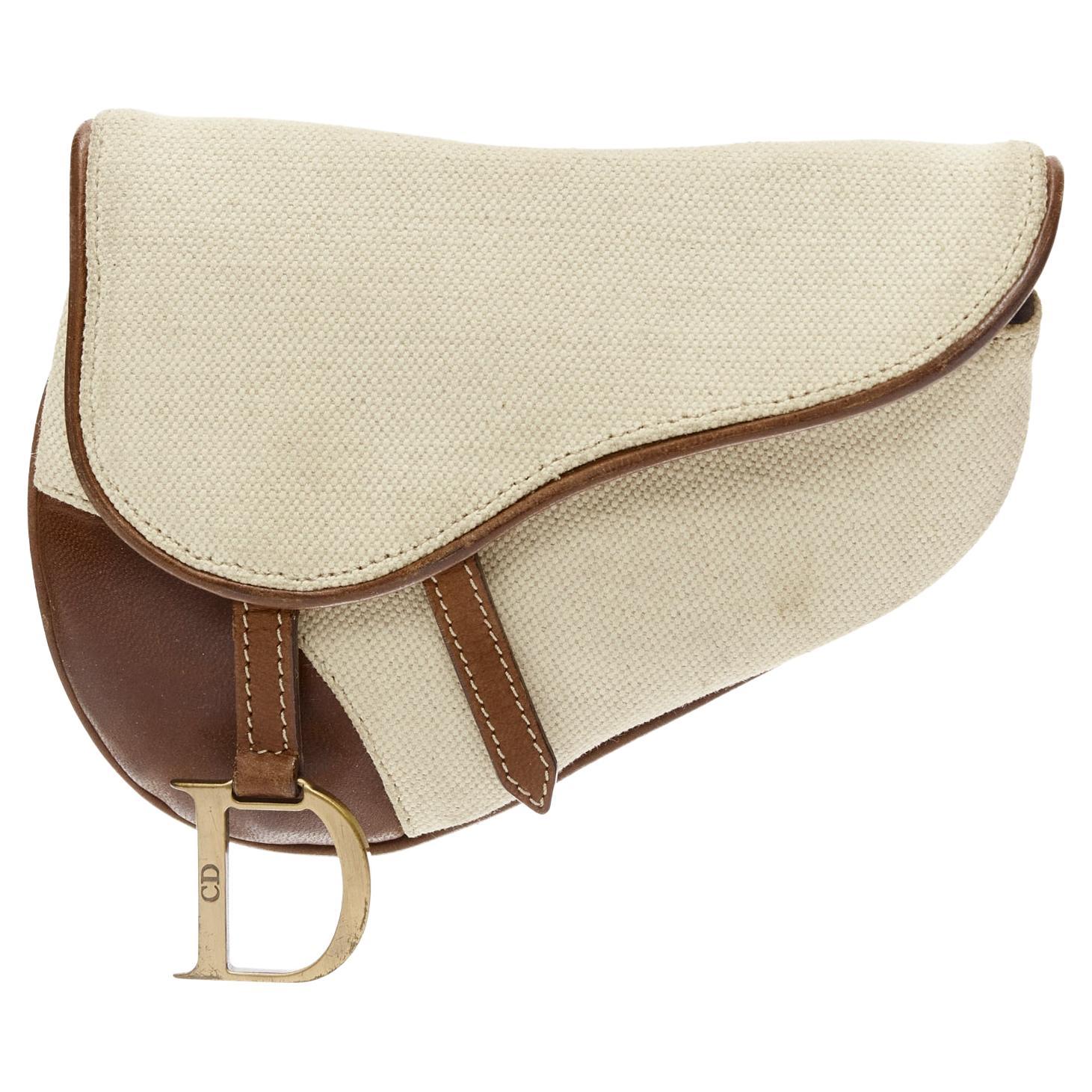 CHRISTIAN DIOR John Galliano Vintage Saddle beige canvas leather belt bag pouch For Sale