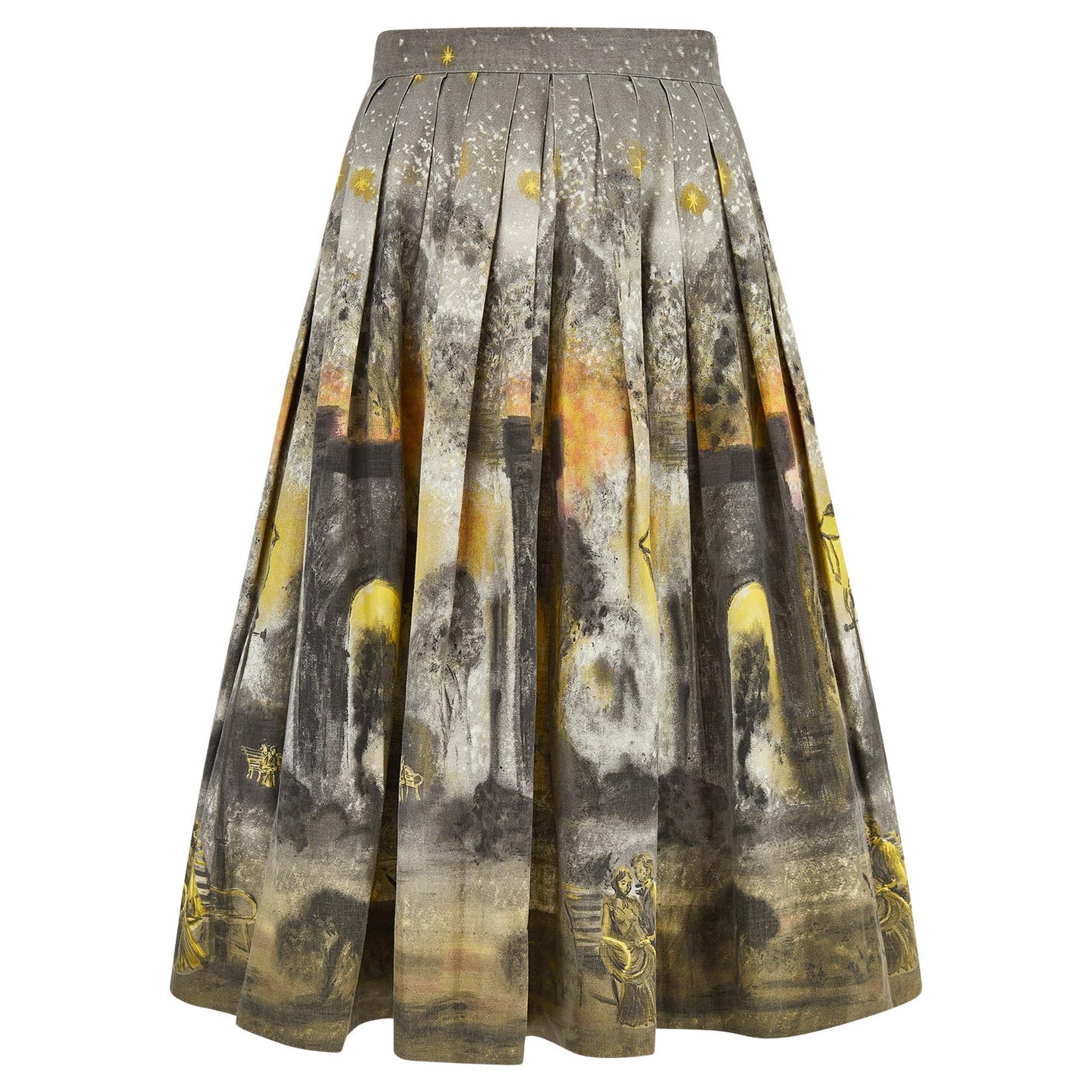 1950s Box Pleat Novelty Print Night Scene Skirt For Sale