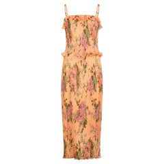 1970s Peach Accordion Pleat Floral Print Maxi Dress