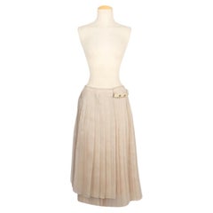 Fendi Silk Pleated Skirt with Beige Leather Strips