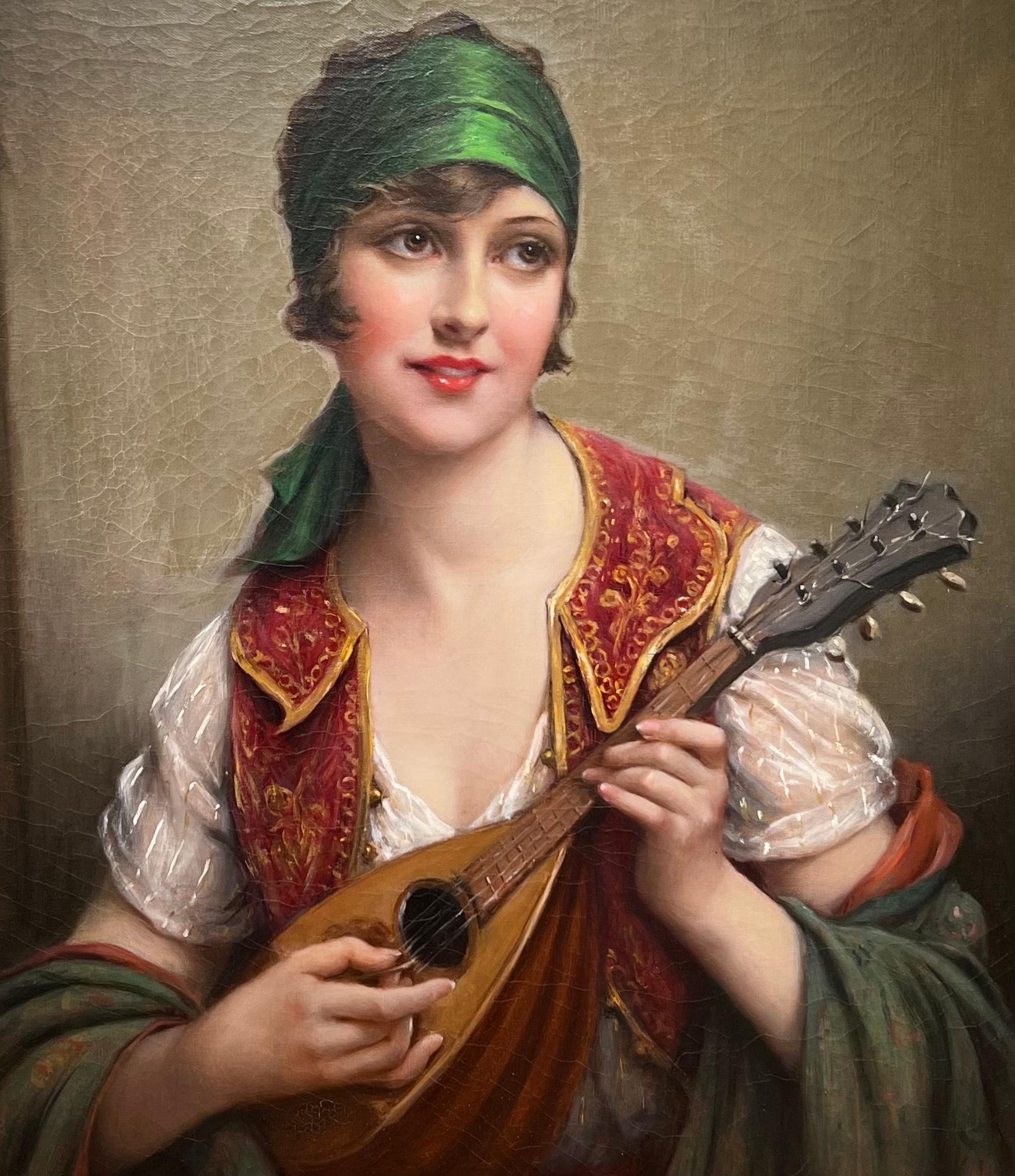 Quadro di bellezza orientalista classico francese TURCO di una donna con mandolino