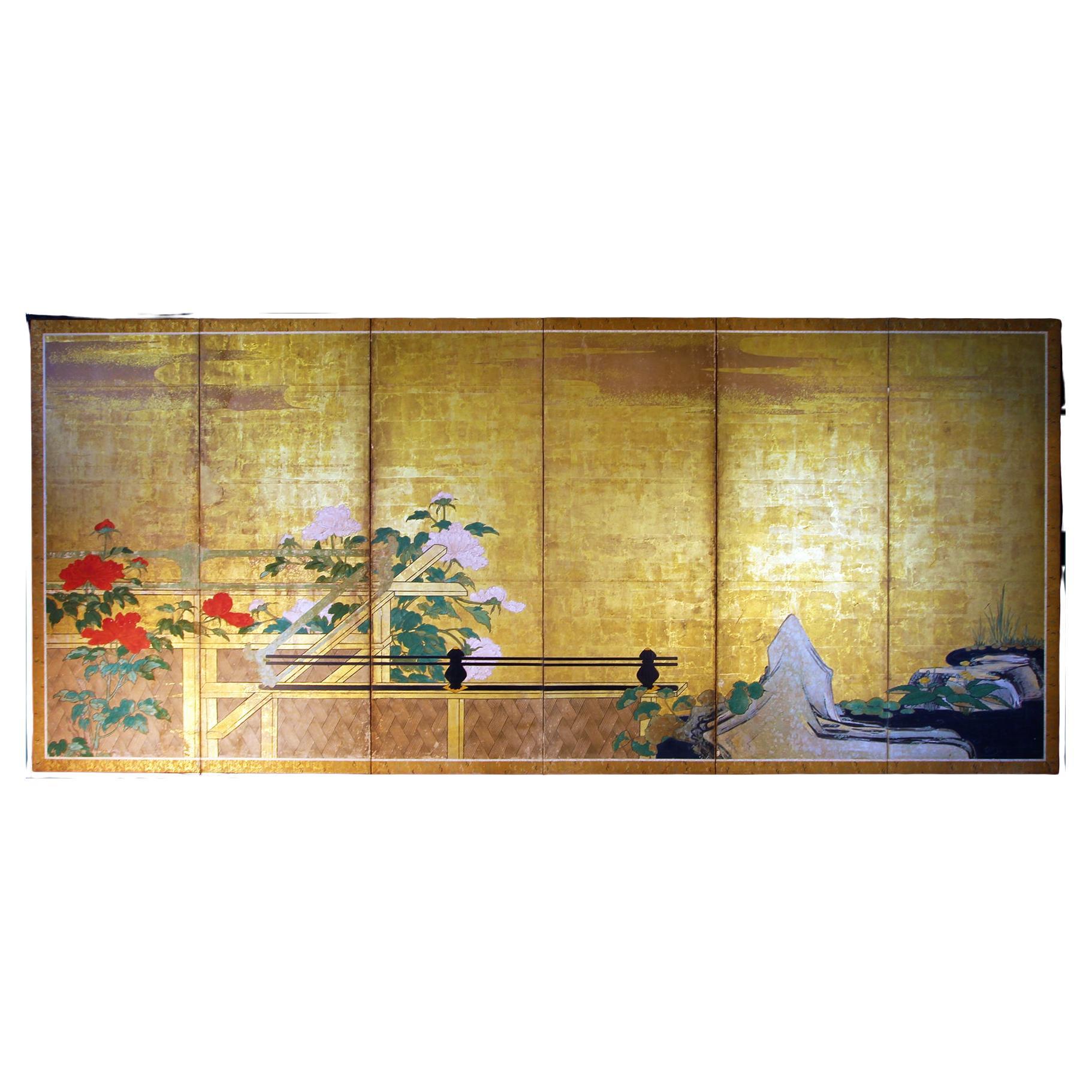 18th Century Rinpa School Japanese Folding Screen Six Panels Rice Paper and Gold