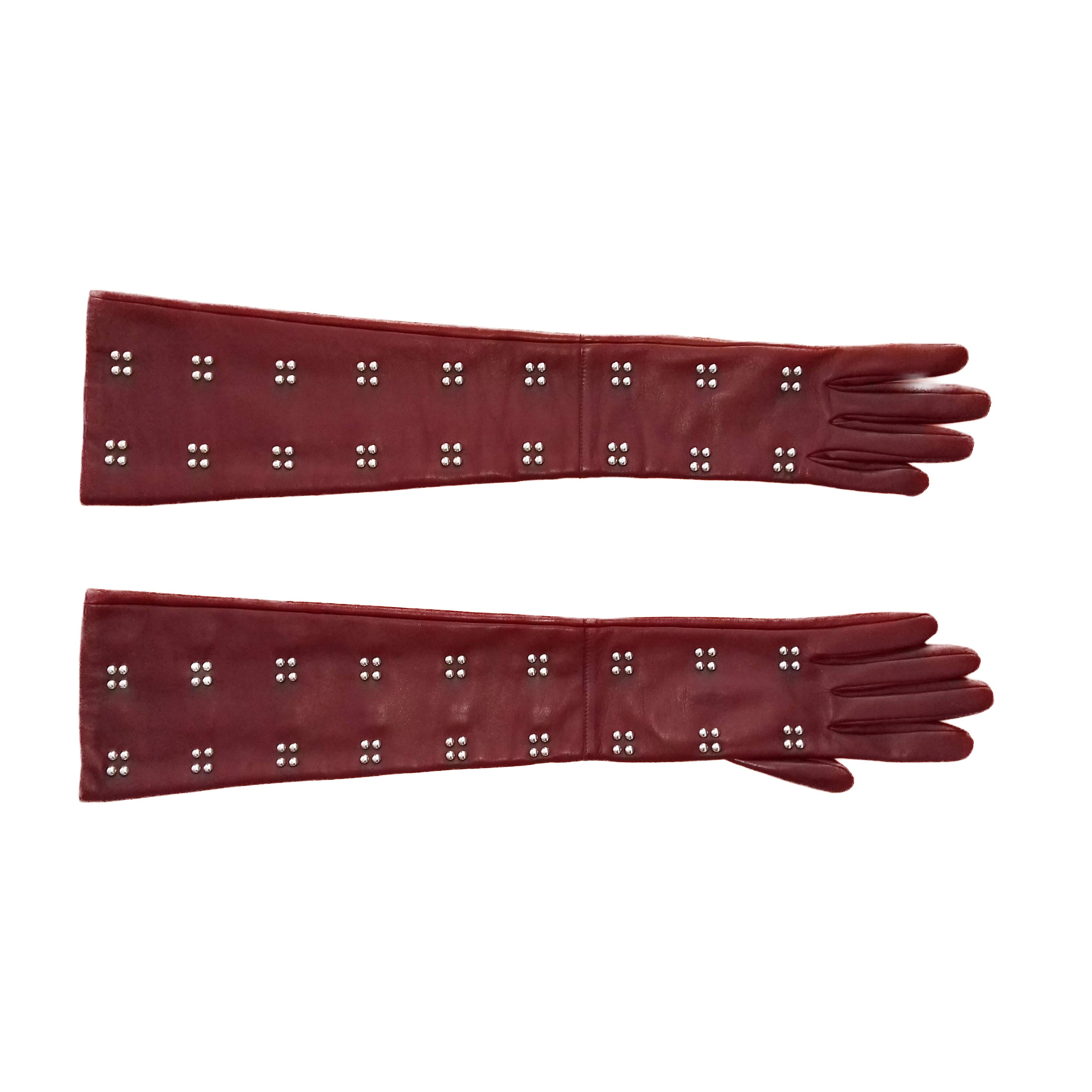 Hermès Long Opera Gloves Burgundy Lambskin Leather Size 6.5 in Box For Sale