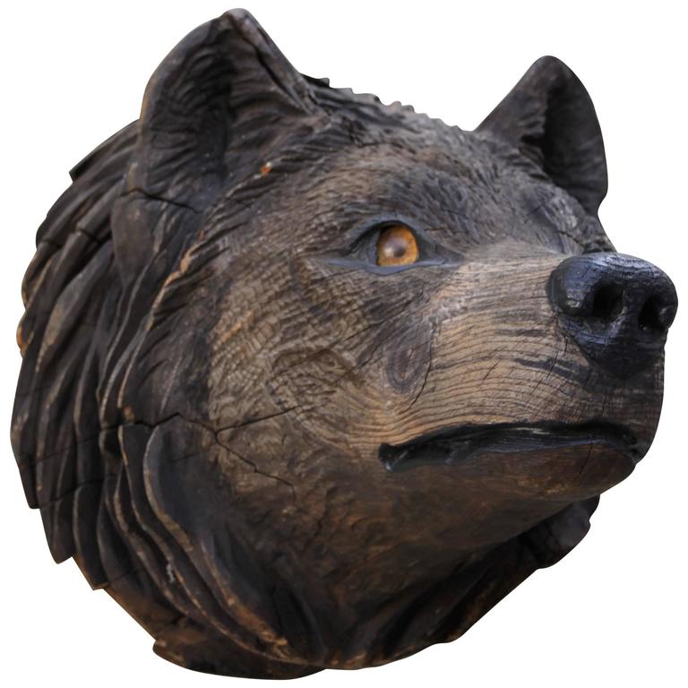 Rustic Carved Wood Wolf Head with Glass Eyes at 1stdibs