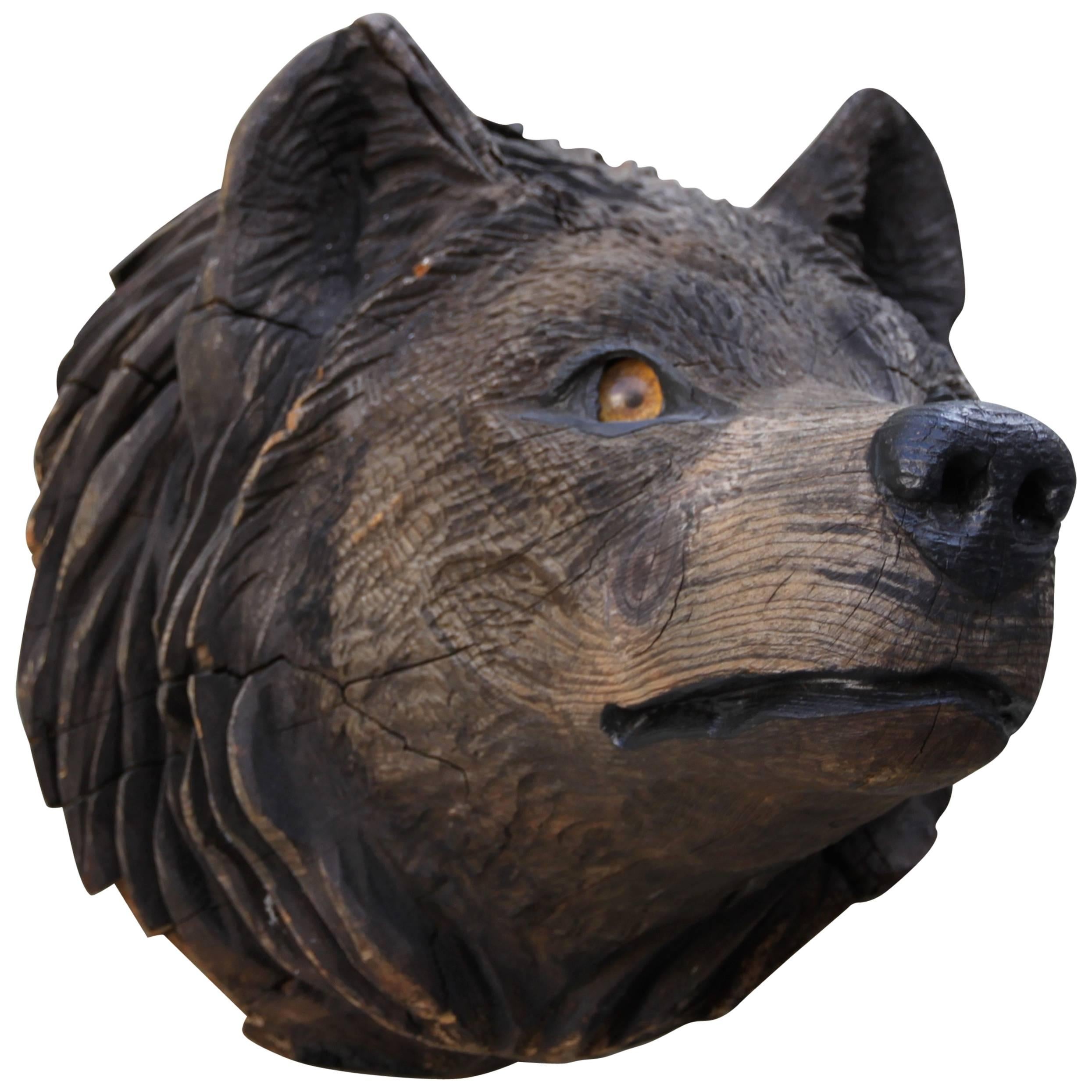 Rustic Carved Wood Wolf Head with Glass Eyes