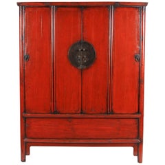 Antique 19th Century Four-Door Red Lacquer Chinese Scholar's Cabinet