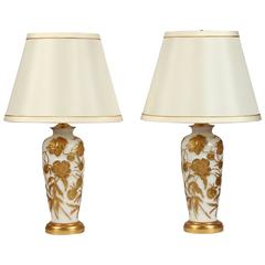 Vintage Pair of Gilded Milk Glass Lamps, circa 1950