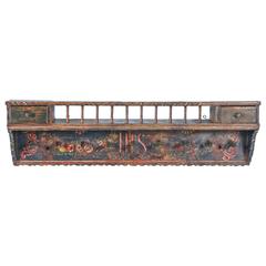 Antique Original Blue Painted Wall Rack with Shelf, Two Drawers and Wood Pegs
