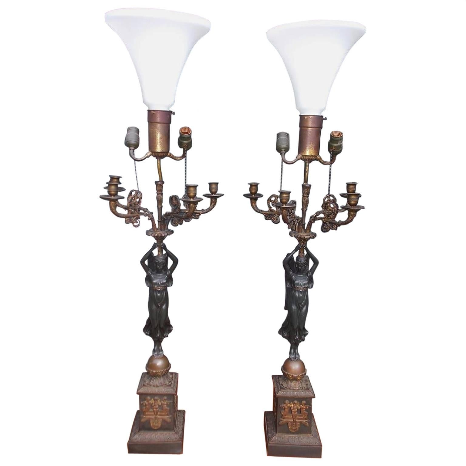 Pair of French Gilt Bronze Angelic Figural Candelabras, Circa 1820 For Sale