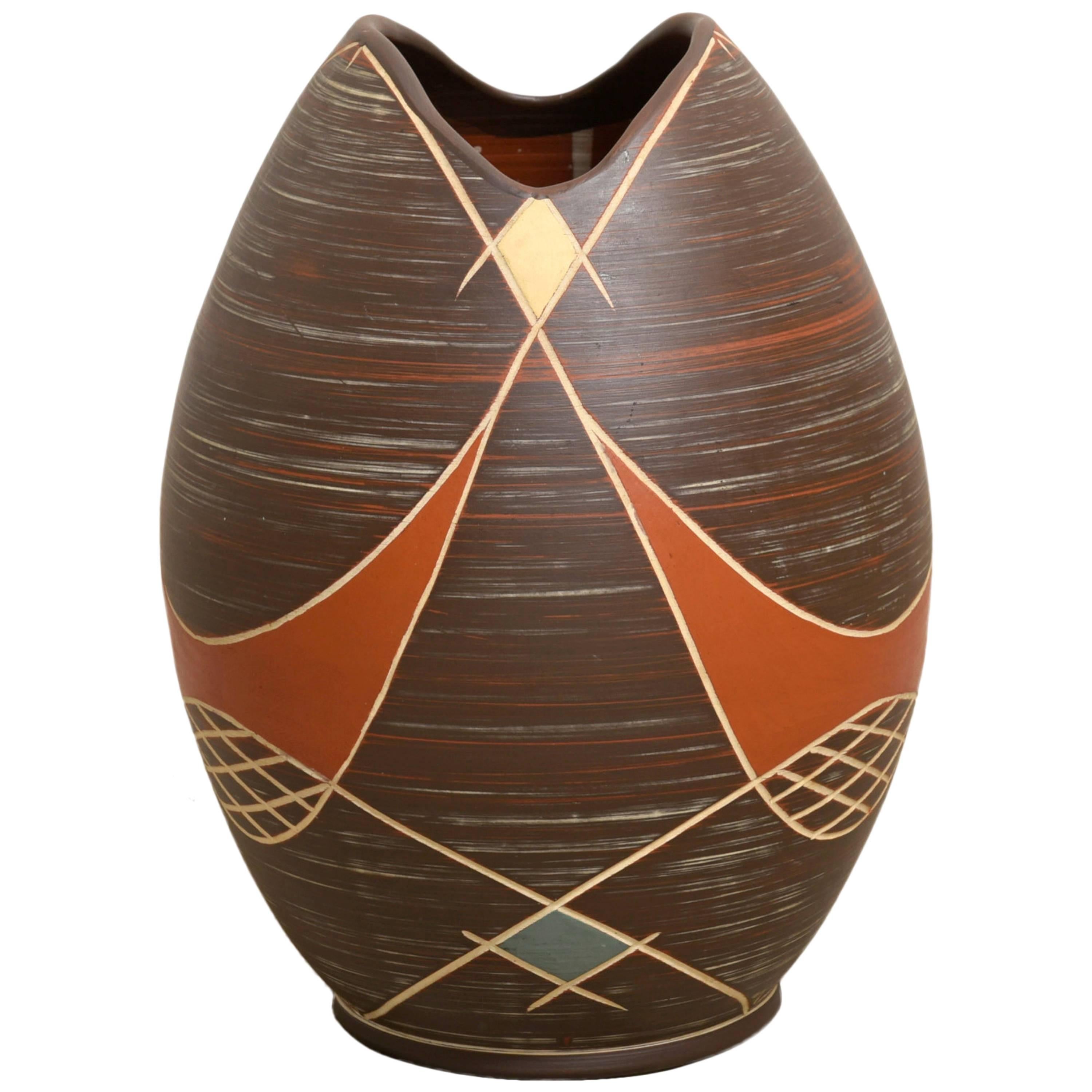 Large Brown Ilkra Ceramic, 1950s Sgraffito Vase, Germany