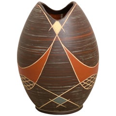 Retro Large Brown Ilkra Ceramic, 1950s Sgraffito Vase, Germany