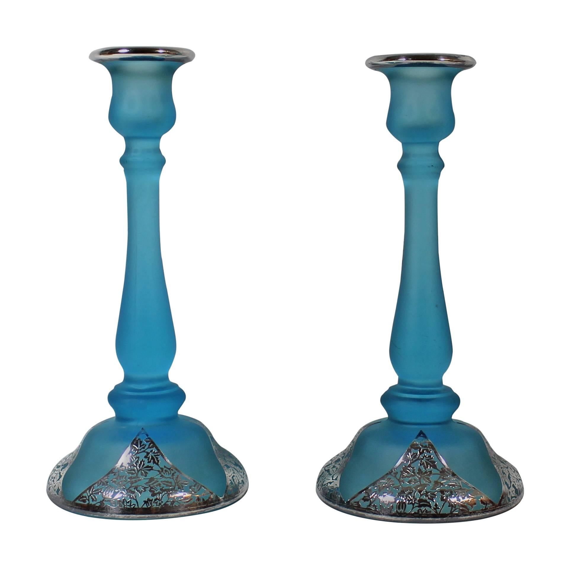Pair of Art Nouveau Electric Blue Candlesticks with Silver Overlay