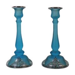 Vintage Pair of Art Nouveau Electric Blue Candlesticks with Silver Overlay
