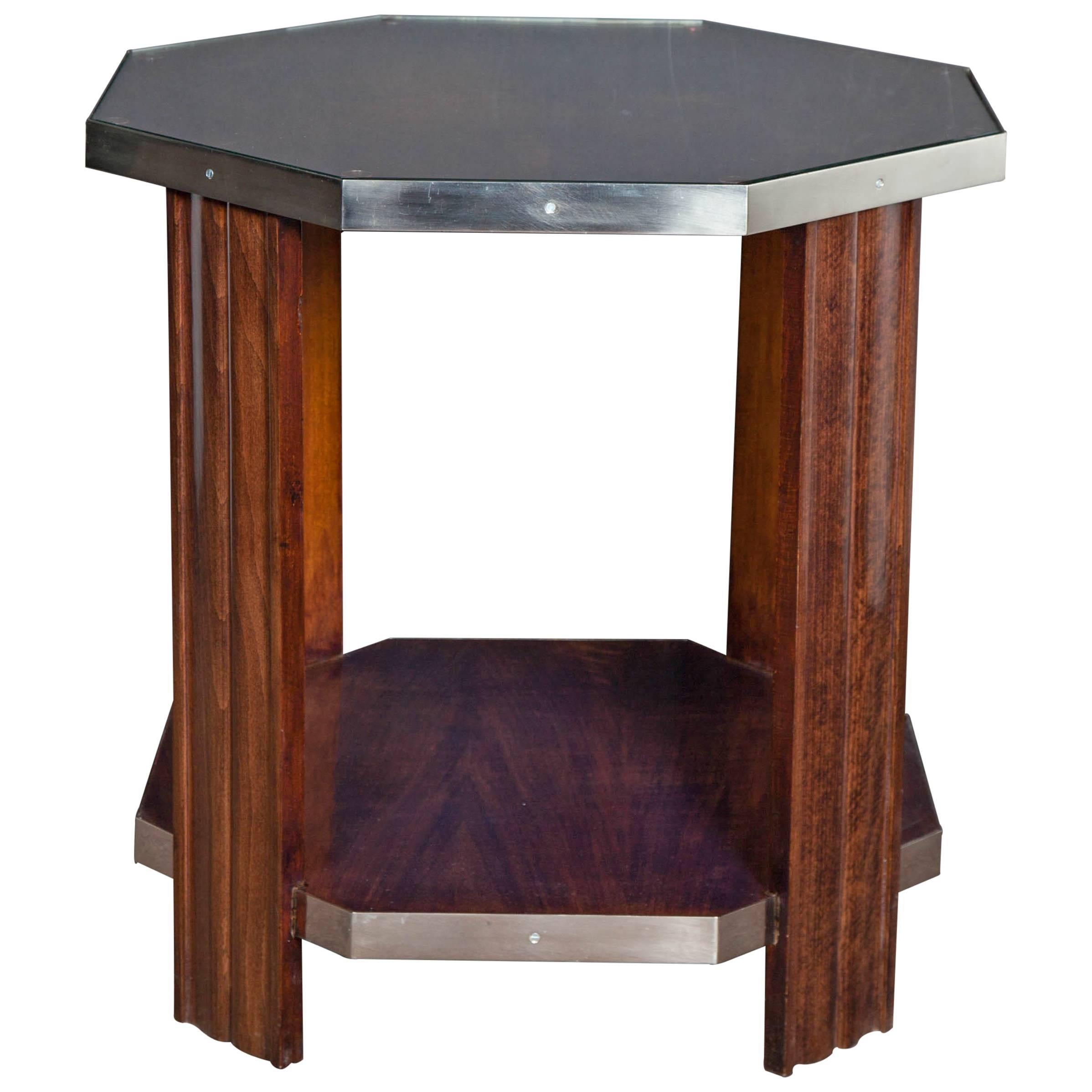 French Art Deco Octagonal Walnut Side Table with Nickeled Bronze Mounts