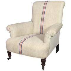 Antique Late 19th Century English Armchair, Grain Sack Upholstery