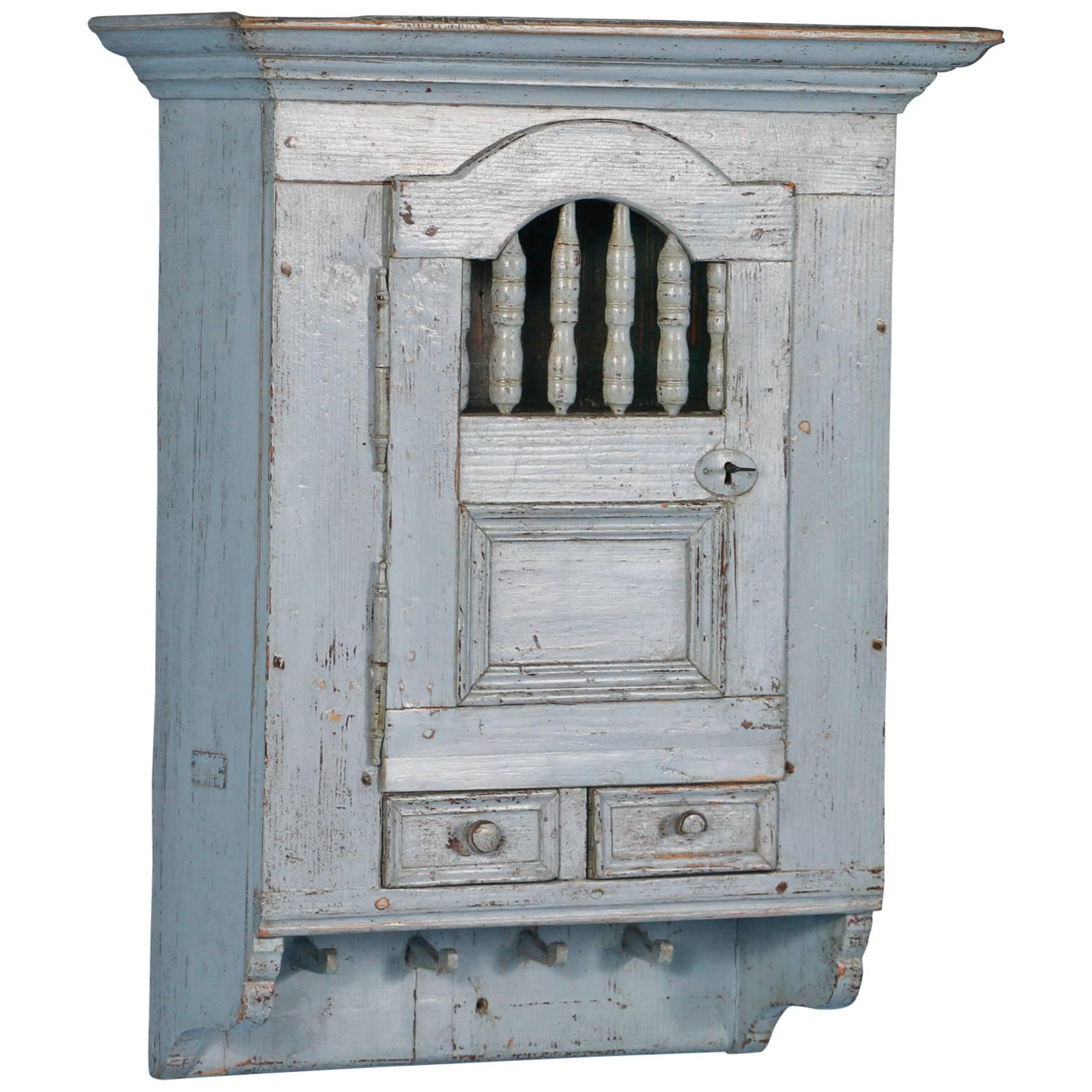 Antique Blue Swedish Hanging Wall Cabinet, circa 1880