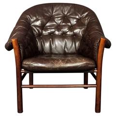 Scandinavian Tufted Brown Leather Armchair, 1970s