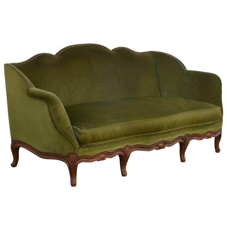 Pair of Green Velvet Louis XV Style Arm Chairs For Sale at 1stDibs