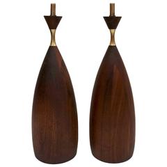 Pair of Turned Walnut and Brass Table Lamps