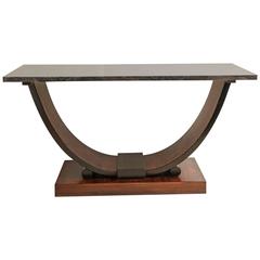 Art Deco Curule Form Walnut Console Table with Black Wood Grain Marble Top