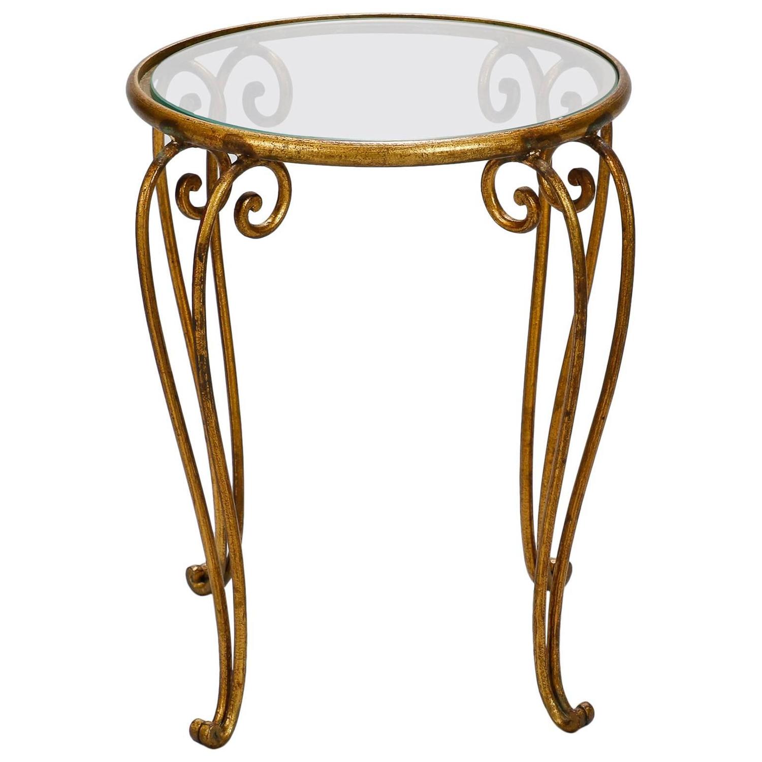 Midcentury Small Round Glass-Top Iron Side Table For Sale at 1stdibs