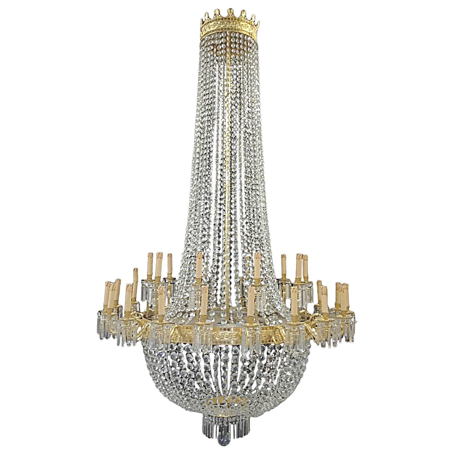 Imposing 10 Foot High Empire Style 30-Light Gilt Bronze Basket Chandelier