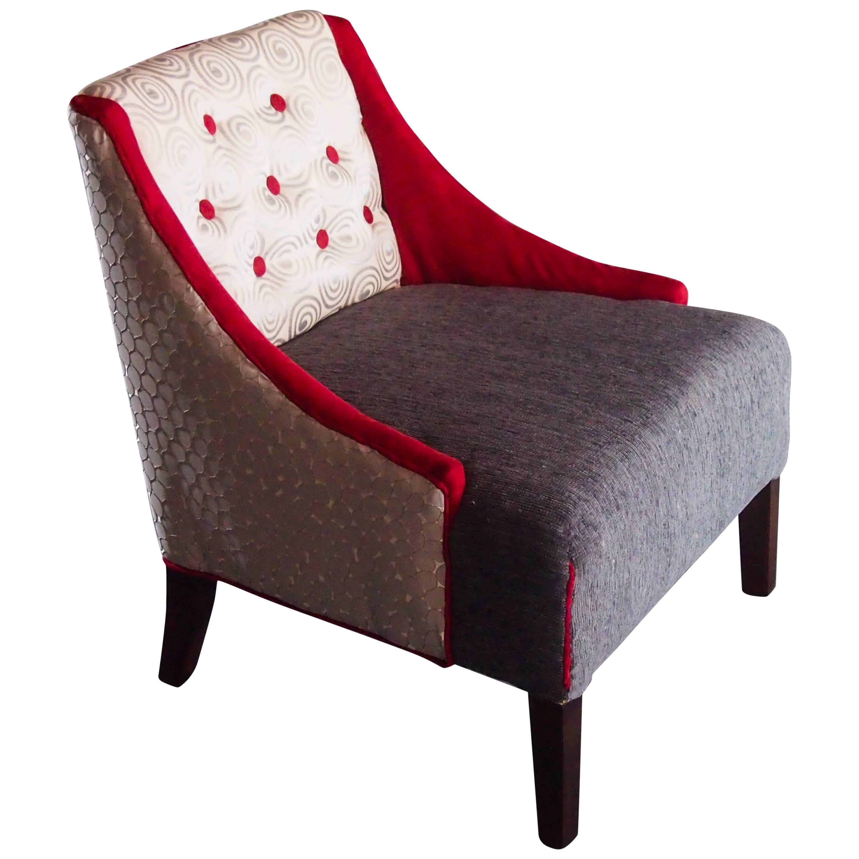 Mid-Century Lounge Chair in Hollywood Regency Style in Gray, White, Red-in stock For Sale