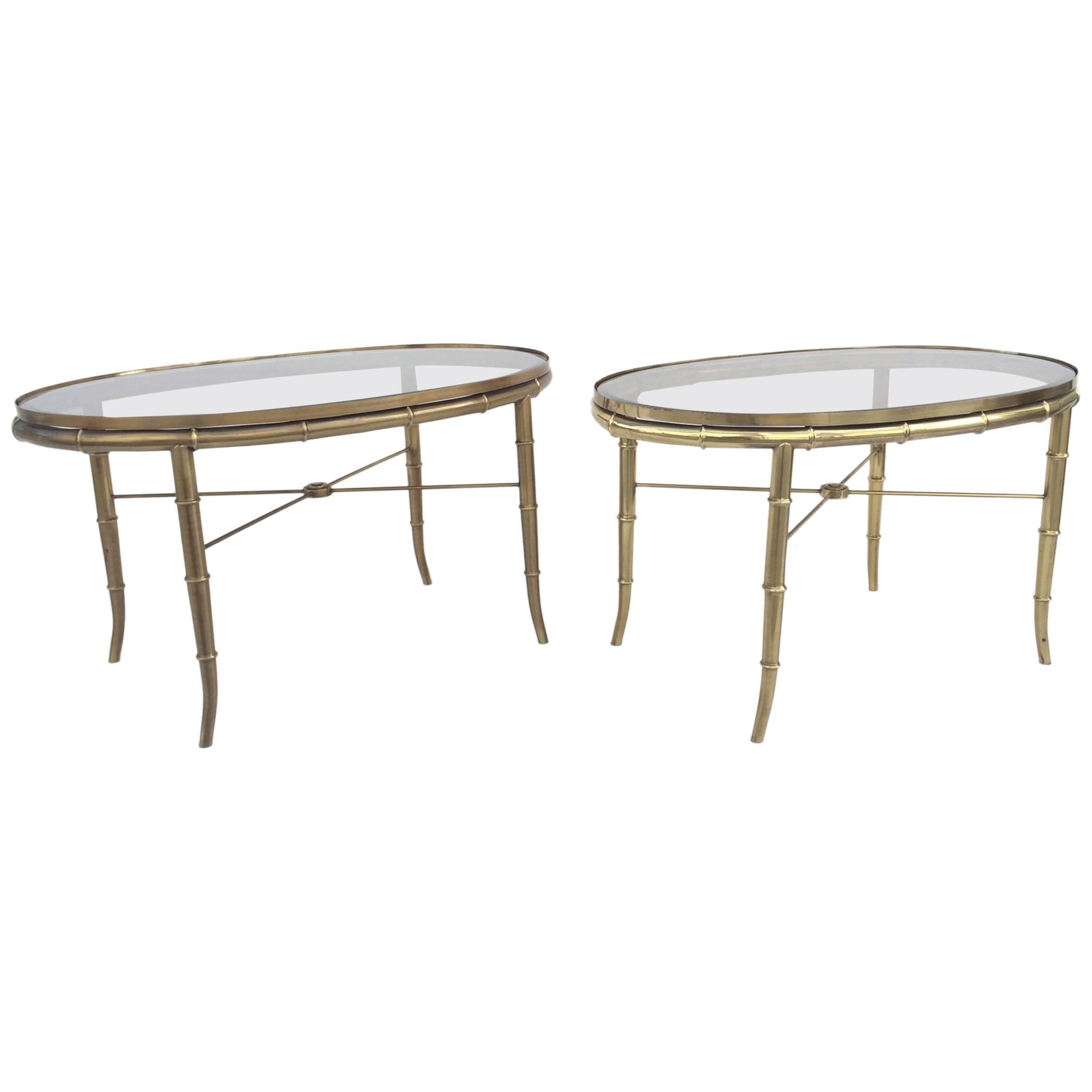 Pair of Aged Brass Faux Bamboo Occasional Tables by Mastercraft. 