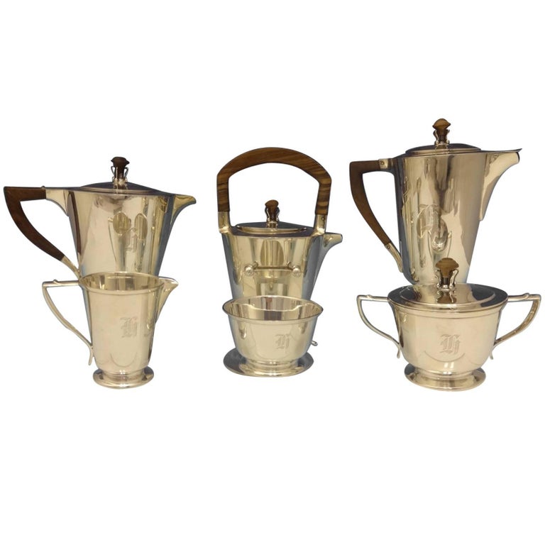 International Sterling Silver Tea 6Piece Set Teak Handles Modernism