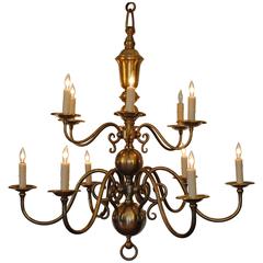 Continental 2-Tiered, 12-Light Cast Brass Chandelier, Mid-20th C.