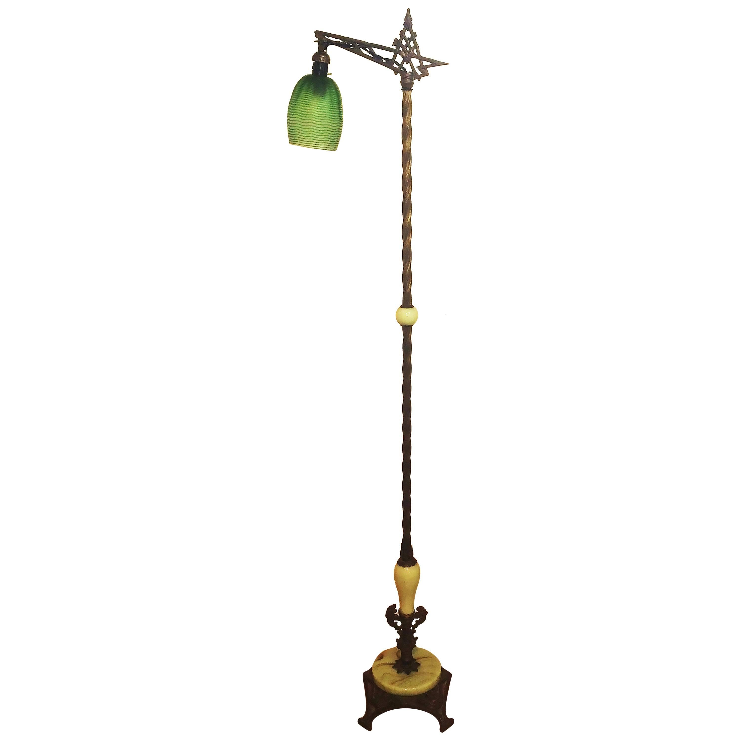 Art Nouveau American Bridge Floor Lamp with Jadeite Glass